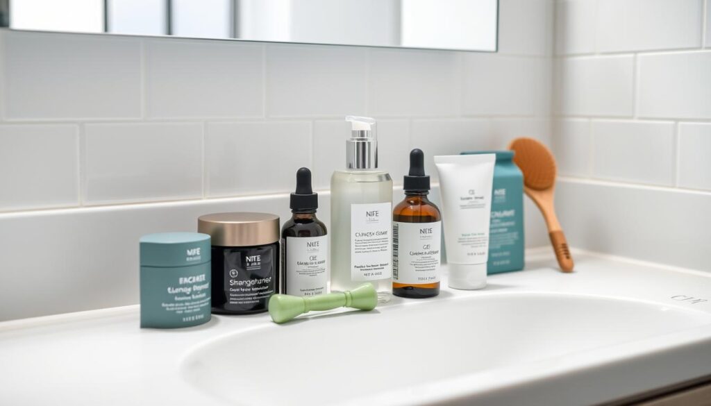 A bathroom vanity top with an array of skin care products neatly arranged, including a moisturizer, cleanser, serum, and face mask. The products are accompanied by a few essential tools like a jade roller and a facial brush. The vanity is illuminated by soft, diffused lighting, creating a serene, spa-like atmosphere. In the background, there is a minimalist, white-tiled wall that adds a sense of cleanliness and simplicity. The overall composition emphasizes the thoughtful curation of a personalized skin care routine, suitable for a wide range of skin types. A bathroom vanity top with an array of skin care products neatly arranged, including a moisturizer, cleanser, serum, and face mask. The products are accompanied by a few essential tools like a jade roller and a facial brush. The vanity is illuminated by soft, diffused lighting, creating a serene, spa-like atmosphere. In the background, there is a minimalist, white-tiled wall that adds a sense of cleanliness and simplicity. The overall composition emphasizes the thoughtful curation of a personalized skin care routine, suitable for a wide range of skin types.