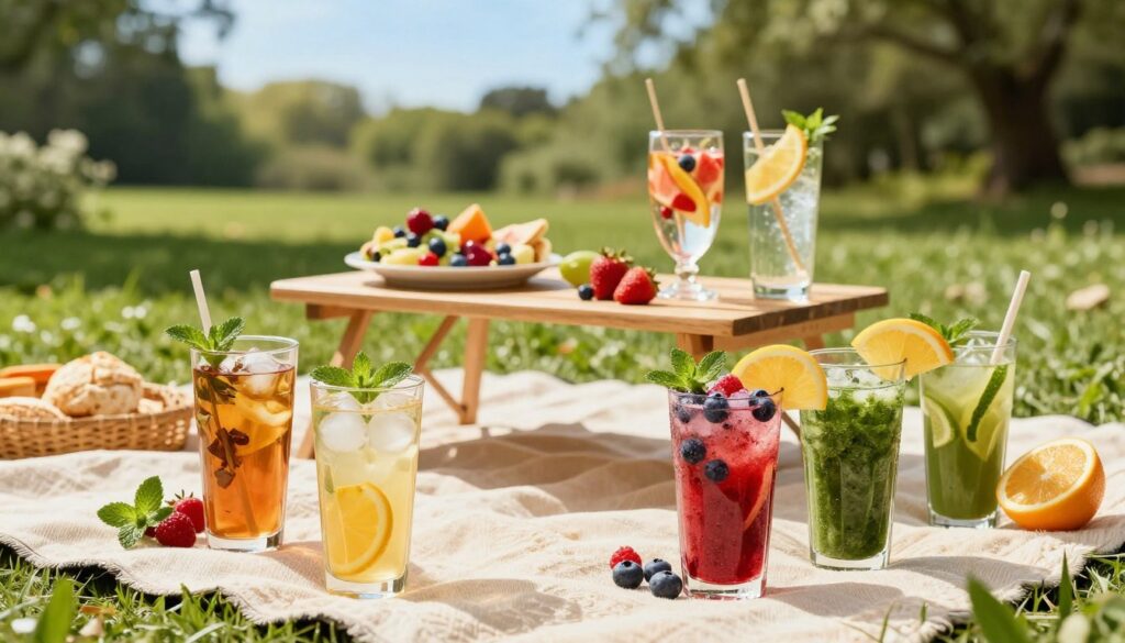 A beautiful outdoor summer scene featuring a vibrant picnic setup on a sunlit lawn. In the foreground, showcase an array of colorful non-alcoholic low-calorie drinks in elegant glassware: refreshing iced herbal teas, sparkling water infused with fresh fruits, and colorful smoothies made with berries and greens. Add garnishes like mint leaves and citrus slices for a lively touch. In the middle, a small wooden table adorned with an assortment of healthy summer snacks such as fresh fruit skewers and light salads. The background features lush greenery and a clear blue sky, capturing the essence of summer. Soft, warm sunlight bathes the scene, creating a cheerful and inviting atmosphere, perfect for a seasonal gathering. No people should be present in the image.