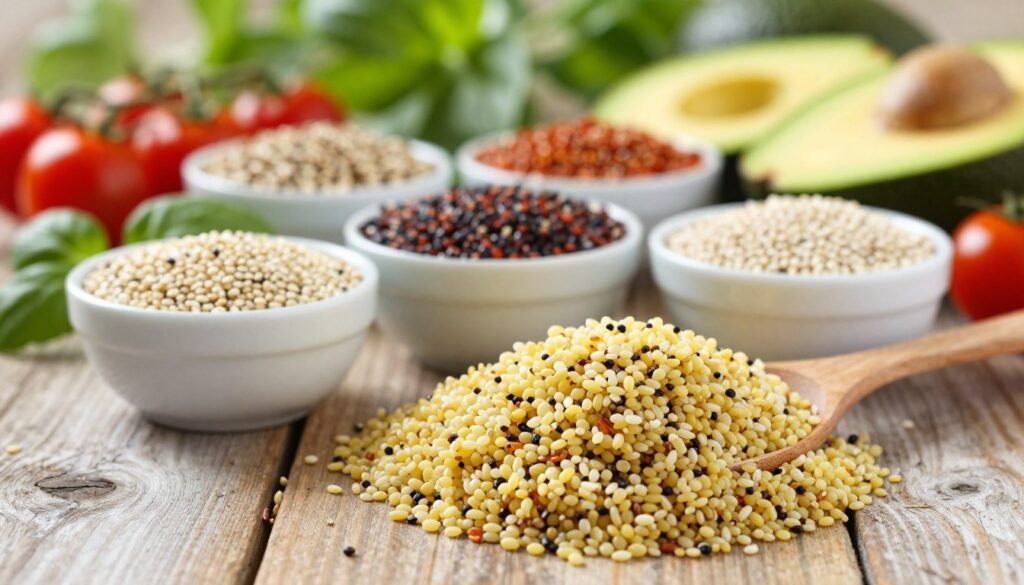 A beautifully arranged display of various gluten-free quinoa varieties, including red, white, and black quinoa, set on a rustic wooden table. In the foreground, focus on a scoop of cooked quinoa glistening under warm, natural light, showcasing its texture and color. In the middle, bowls filled with raw quinoa grains in vibrant hues, complemented by fresh herbs and vegetables like cherry tomatoes and avocados. The background should feature a soft-focus greenery, hinting at a healthy, organic environment. The atmosphere is bright and inviting, evoking a sense of nourishment and vitality. The scene captures the essence of wholesome, gluten-free living, ideal for health-conscious readers. A beautifully arranged display of various gluten-free quinoa varieties, including red, white, and black quinoa, set on a rustic wooden table. In the foreground, focus on a scoop of cooked quinoa glistening under warm, natural light, showcasing its texture and color. In the middle, bowls filled with raw quinoa grains in vibrant hues, complemented by fresh herbs and vegetables like cherry tomatoes and avocados. The background should feature a soft-focus greenery, hinting at a healthy, organic environment. The atmosphere is bright and inviting, evoking a sense of nourishment and vitality. The scene captures the essence of wholesome, gluten-free living, ideal for health-conscious readers.