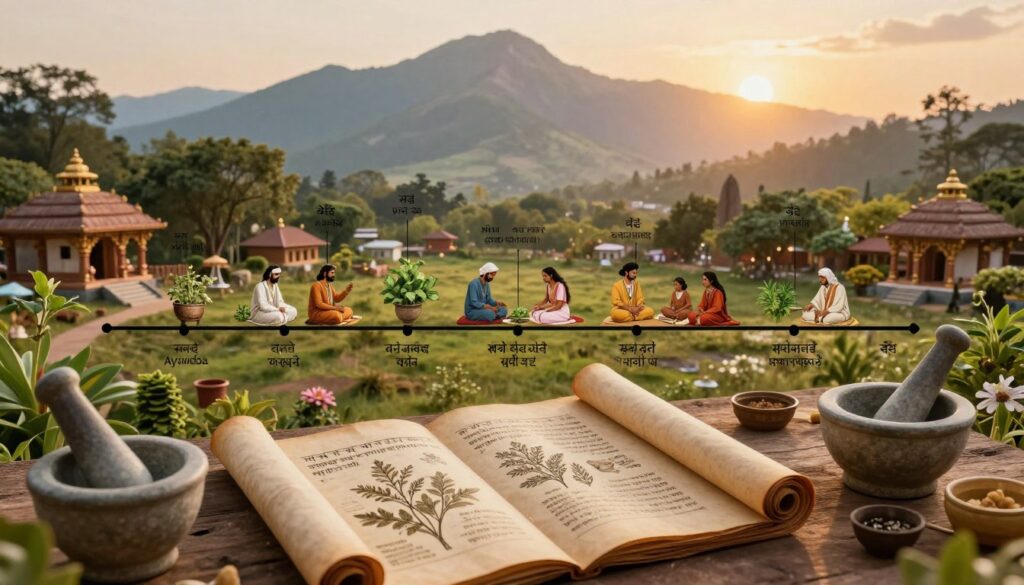 A beautifully illustrated timeline depicting the historical development of Ayurveda, featuring key milestones and ancient texts. In the foreground, an aged scroll with Sanskrit scriptures and herbal illustrations is opened, surrounded by traditional Ayurvedic tools like mortar and pestle. In the middle, scenes of ancient Indian practitioners studying herbs and treating patients in a serene village setting, adorned with lush greenery and small temples. The background showcases a majestic mountain range and a sunrise casting warm, golden light, symbolizing enlightenment and healing. The atmosphere is tranquil and reverent, inviting viewers to appreciate the rich heritage of this ancient healing art. The composition is viewed with a slight aerial perspective to capture the full breadth of these elements.