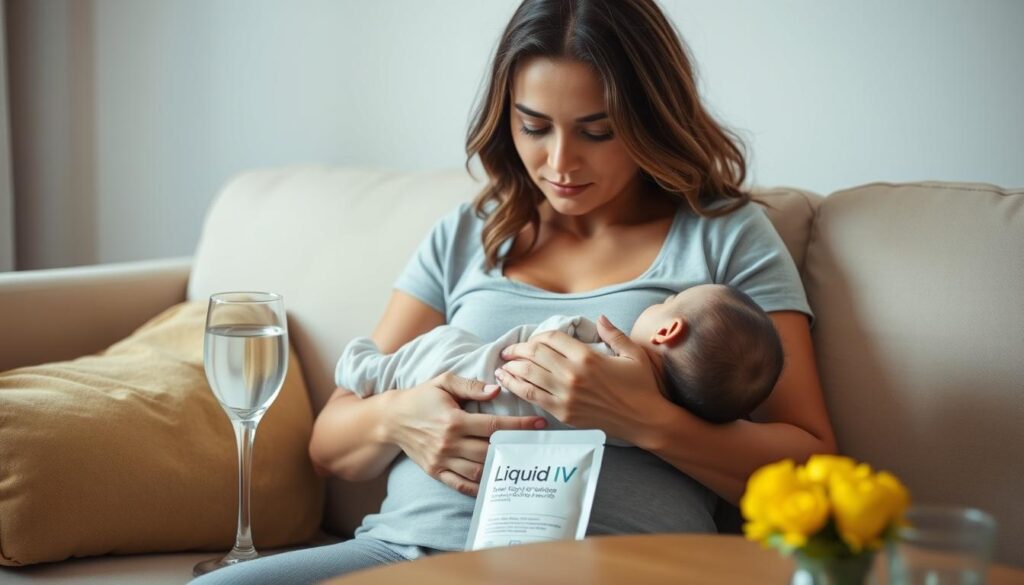 A breastfeeding woman sitting comfortably on a couch, gently supporting her infant as they nurse. The woman's expression is serene, her body language conveying a sense of calm and nurturing care. Soft, warm lighting illuminates the scene, creating a soothing atmosphere. In the background, a table with a glass of water and a hydration-supporting supplement, such as a Liquid IV packet, suggesting the importance of proper hydration during this time. The overall composition emphasizes the bond between mother and child, while subtly highlighting the need for breastfeeding support and hydration.