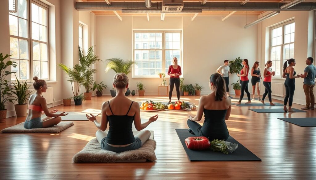 A bright, airy studio space in the heart of New York City, filled with a variety of complementary weight loss therapies. In the foreground, a soothing meditation session is underway, with participants sitting cross-legged on plush yoga mats. The middle ground showcases a holistic nutritionist discussing a personalized meal plan with a client, surrounded by vibrant, fresh produce. In the background, a group fitness class is in full swing, with participants energetically moving to the rhythm of upbeat music. Warm, natural lighting filters through large windows, creating a calming, rejuvenating atmosphere. The space exudes a sense of balance, wellness, and a holistic approach to weight management.