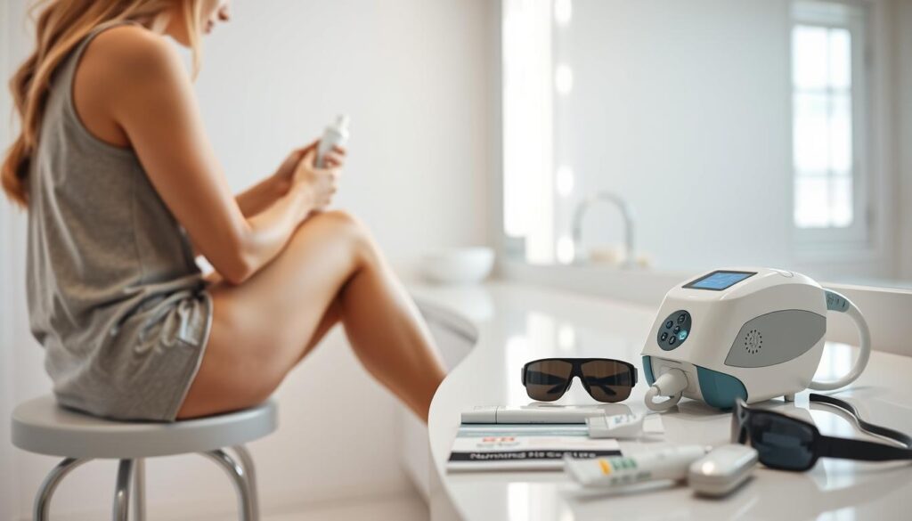 A bright, clean bathroom setting. In the foreground, a person sits on a vanity stool, examining their legs and gently applying a soothing, skin-calming serum. In the middle ground, an array of laser hair removal tools and accessories are neatly arranged on a counter, including the laser device, protective eyewear, and a numbing cream. The background features a large, well-lit mirror, reflecting the scene and creating a sense of openness and preparation. Soft, natural lighting filters in through a window, creating a calming, spa-like atmosphere. The overall mood is one of relaxation, care, and readiness for the upcoming laser hair removal treatment.