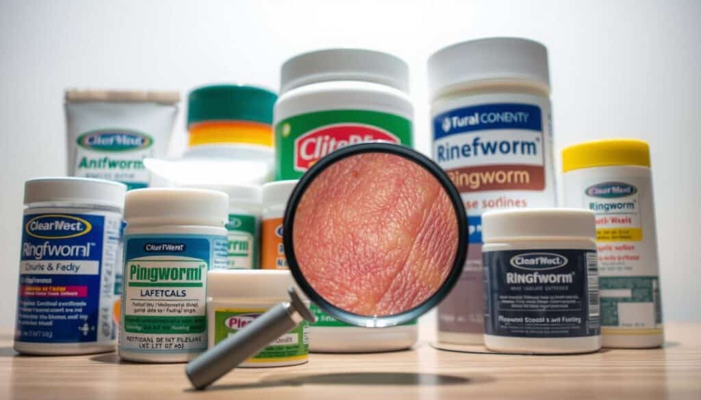 A brightly lit, close-up photograph showcasing various over-the-counter ringworm treatment options. In the foreground, a group of antifungal creams, ointments, and powders are neatly arranged, their labels clearly visible. In the middle ground, a magnifying glass provides a detailed view of the textured, inflamed skin affected by ringworm. The background features a clean, neutral-toned surface, allowing the products and skin to be the focal point. The lighting is soft and diffused, creating a professional, clinical atmosphere. The angle is slightly elevated, giving the viewer a sense of authority and expertise on the subject matter.