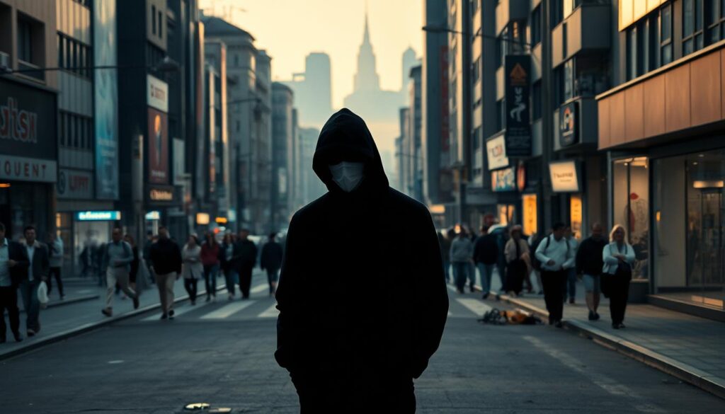 A bustling city street, its once-vibrant energy dampened by the weight of a global crisis. In the foreground, a lone figure stands, their face obscured by a mask, a symbol of the newfound isolation that permeates the scene. In the middle ground, a once-crowded sidewalk now stands eerily empty, save for a scattering of discarded objects - a reminder of the abrupt disruption to daily life. The background is a hazy, muted landscape, buildings and landmarks fading into the distance, as if the very fabric of society has been stretched thin. The lighting is somber, casting a melancholic glow over the entire composition, conveying the profound social impact of the pandemic on the human experience. A bustling city street, its once-vibrant energy dampened by the weight of a global crisis. In the foreground, a lone figure stands, their face obscured by a mask, a symbol of the newfound isolation that permeates the scene. In the middle ground, a once-crowded sidewalk now stands eerily empty, save for a scattering of discarded objects - a reminder of the abrupt disruption to daily life. The background is a hazy, muted landscape, buildings and landmarks fading into the distance, as if the very fabric of society has been stretched thin. The lighting is somber, casting a melancholic glow over the entire composition, conveying the profound social impact of the pandemic on the human experience.