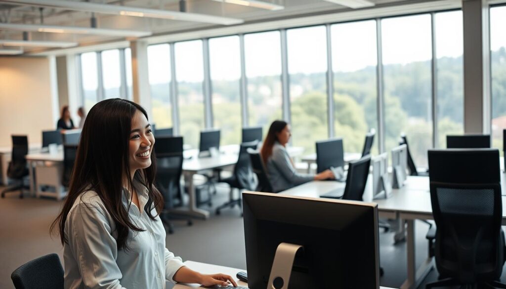 A bustling customer service desk in a modern office space. In the foreground, a friendly customer service representative, dressed in a crisp white blouse, smiles warmly while assisting a customer on the other side of the desk. The customer, wearing a casual button-down shirt, appears satisfied with the interaction. Soft, diffused lighting casts a calming glow, creating a professional yet approachable atmosphere. In the middle ground, rows of sleek desks and ergonomic chairs suggest an efficient, well-organized workspace. The background features floor-to-ceiling windows, offering a scenic view of a lush, urban landscape, conveying a sense of tranquility and harmony. The overall scene captures the essence of a positive customer service experience.