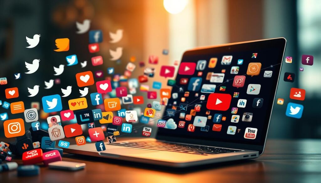 A bustling digital landscape, where social media platforms cast a powerful influence on content strategy and online visibility. In the foreground, a vibrant collage of various social media icons, each representing a distinct channel for engagement and reach. Flowing through the middle ground, a dynamic stream of content - images, videos, and posts - symbolizing the constant flux of digital interactions. In the background, a hazy silhouette of a laptop screen, a testament to the omnipresence of online presence and the need to navigate the evolving landscape of digital marketing. The scene is illuminated by a warm, ambient lighting, creating a sense of balance and harmony between the digital and the physical realms. The overall atmosphere conveys the importance of strategic social media integration for enhancing online visibility and driving content engagement.