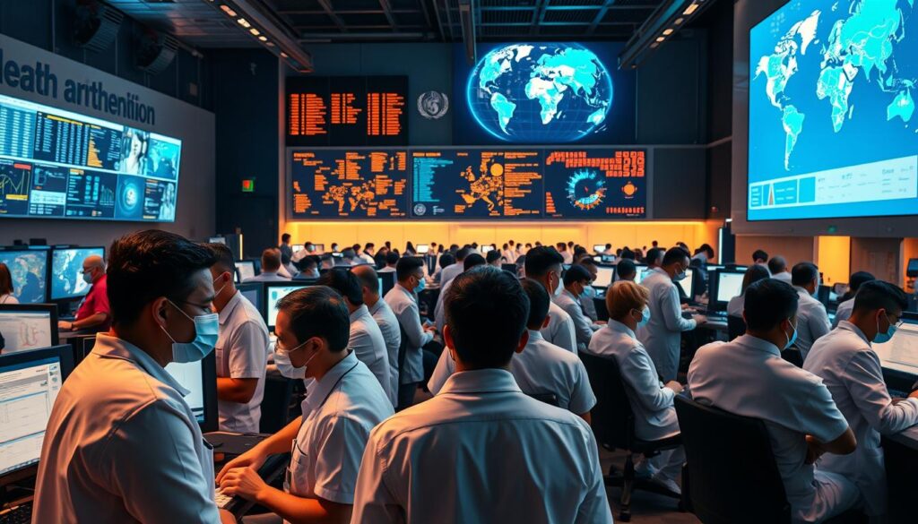 A bustling emergency response center of the World Health Organization, illuminated by the warm glow of monitors and the intensity of focused activity. In the foreground, healthcare workers in crisp white uniforms huddle over data-filled screens, their expressions a mix of determination and concern. The middle ground is alive with the coordinated movement of personnel, as they relay vital information and dispatch resources to regions in crisis. In the background, a towering wall-mounted display provides a global overview, pinpointing hot spots and mapping the spread of the pandemic. The atmosphere is one of urgency and purpose, as the WHO takes the lead in orchestrating an international effort to contain and overcome the global health emergency. A bustling emergency response center of the World Health Organization, illuminated by the warm glow of monitors and the intensity of focused activity. In the foreground, healthcare workers in crisp white uniforms huddle over data-filled screens, their expressions a mix of determination and concern. The middle ground is alive with the coordinated movement of personnel, as they relay vital information and dispatch resources to regions in crisis. In the background, a towering wall-mounted display provides a global overview, pinpointing hot spots and mapping the spread of the pandemic. The atmosphere is one of urgency and purpose, as the WHO takes the lead in orchestrating an international effort to contain and overcome the global health emergency.