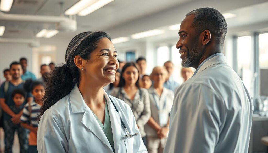 A bustling medical clinic, bathed in warm, natural lighting. In the foreground, a healthcare provider in a crisp white coat, their face conveying compassion as they interact with a patient. In the middle ground, a diverse group of individuals - young and old, awaiting their turn to receive care. The background subtly hints at the advanced technology and equipment that enables the providers to deliver high-quality treatment. The overall atmosphere exudes a sense of trust, professionalism, and the critical role healthcare providers play in safeguarding the health and well-being of the community.