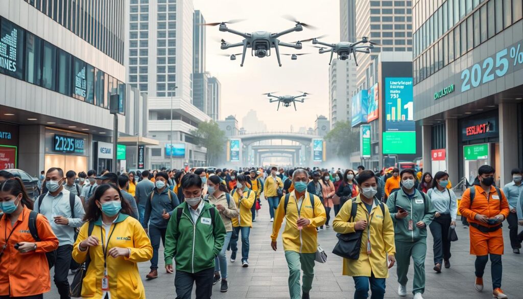 A bustling public square in 2025, with people in colorful, futuristic medical uniforms directing the flow of masked pedestrians. In the background, sleek medical facilities and holograms displaying health data. Overhead, drones equipped with disinfecting mists hover, casting a soft glow. The scene conveys a sense of cautious optimism, where advanced technology and coordinated public health efforts have become the new normal in the post-pandemic world. A bustling public square in 2025, with people in colorful, futuristic medical uniforms directing the flow of masked pedestrians. In the background, sleek medical facilities and holograms displaying health data. Overhead, drones equipped with disinfecting mists hover, casting a soft glow. The scene conveys a sense of cautious optimism, where advanced technology and coordinated public health efforts have become the new normal in the post-pandemic world.