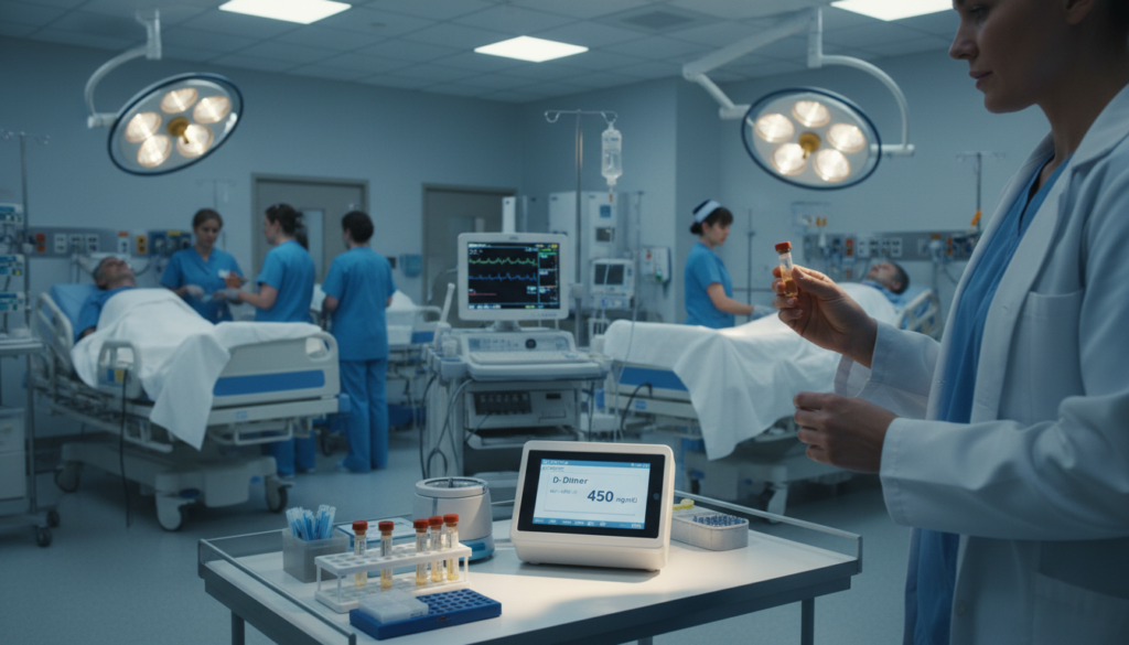 A busy hospital emergency room scene focused on a D-dimer testing station. In the foreground, a medical professional in scrubs and a lab coat is demonstrating a D-dimer test, holding a test vial with clear liquid. The middle ground shows various medical equipment and monitors, with subtle details like a diagnostic machine displaying D-dimer levels. In the background, the emergency room is bustling with activity: nurses attending to patients, bright overhead lights illuminating the space, and a clear view of emergency beds. The atmosphere is urgent yet organized, conveying a sense of critical care and precision in a professional environment. The lighting is bright and clinical, with a slight focus on the testing area to highlight the importance of D-dimer in emergency settings. A busy hospital emergency room scene focused on a D-dimer testing station. In the foreground, a medical professional in scrubs and a lab coat is demonstrating a D-dimer test, holding a test vial with clear liquid. The middle ground shows various medical equipment and monitors, with subtle details like a diagnostic machine displaying D-dimer levels. In the background, the emergency room is bustling with activity: nurses attending to patients, bright overhead lights illuminating the space, and a clear view of emergency beds. The atmosphere is urgent yet organized, conveying a sense of critical care and precision in a professional environment. The lighting is bright and clinical, with a slight focus on the testing area to highlight the importance of D-dimer in emergency settings.