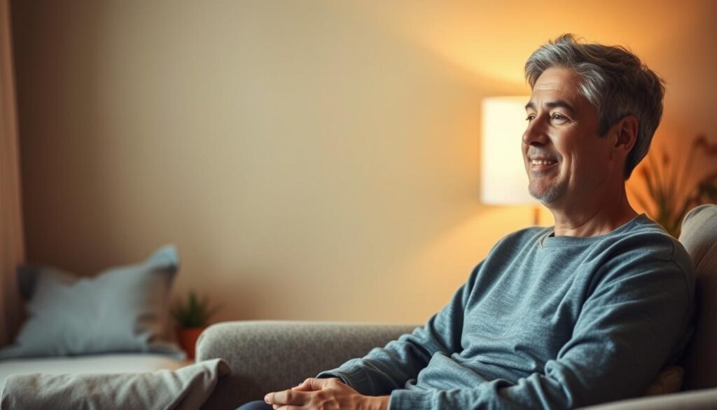 A calm, serene scene of a person sitting comfortably in a well-lit room, engaged in a thoughtful discussion about their Manna Shilajit experience. The patient's expression conveys a sense of well-being and contentment, as they share insights and personal reviews about the ancient Ayurvedic herb. The background features warm, muted tones, with subtle textures and natural elements that create a soothing, inviting atmosphere. The lighting is soft and diffused, highlighting the patient's face and creating a sense of intimacy and introspection. The overall composition emphasizes the patient's experience, their engagement, and the positive impact of Manna Shilajit on their wellness and energy.