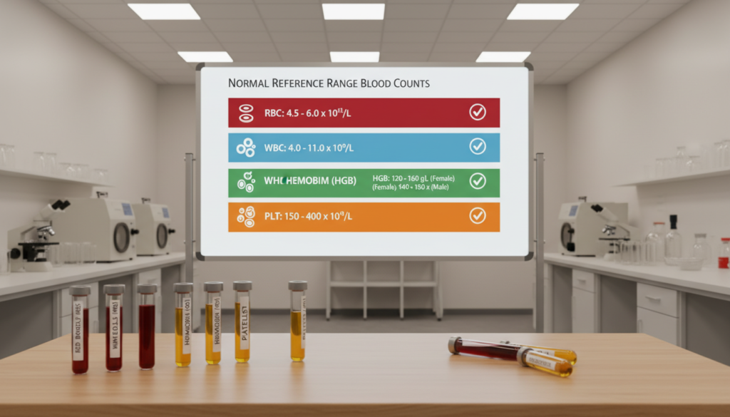 A clean and informative laboratory scene showcasing a visual representation of normal reference range blood counts. In the foreground, an elegantly arranged table displays glass vials and test tubes filled with bright red and yellow blood samples, organized neatly with labels indicating different components like red blood cells, white blood cells, hemoglobin, and platelets. The middle ground features a detailed, colorful infographic chart showing the normal ranges for each component, designed with clear sections and icons for easy comprehension. In the background, a tranquil laboratory atmosphere is created with soft overhead lighting and sleek, modern lab equipment. The mood is professional and educational, emphasizing clarity and understanding in a medical context, ideal for viewers looking to comprehend complete blood count results.