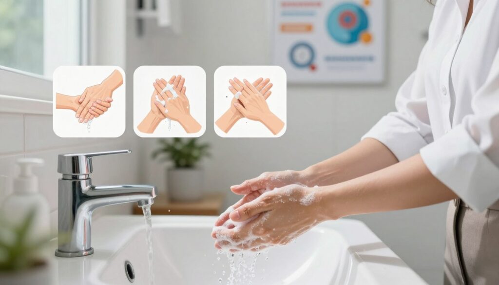 A clean and inviting bathroom scene showcasing effective handwashing techniques to prevent norovirus. In the foreground, a person wearing professional business attire, demonstrating proper handwashing with soap and water at a sink, focusing on scrubbing between fingers and under nails. In the middle, clear, step-by-step visual elements illustrating handwashing steps, such as lathering, rinsing, and drying. The background features a bright, well-lit bathroom with motivational posters on the walls about hygiene and health. Soft, natural light streams in from a window, creating a warm and encouraging atmosphere that emphasizes the importance of disease prevention. The overall mood should be informative and reassuring, promoting safety and health practices.
