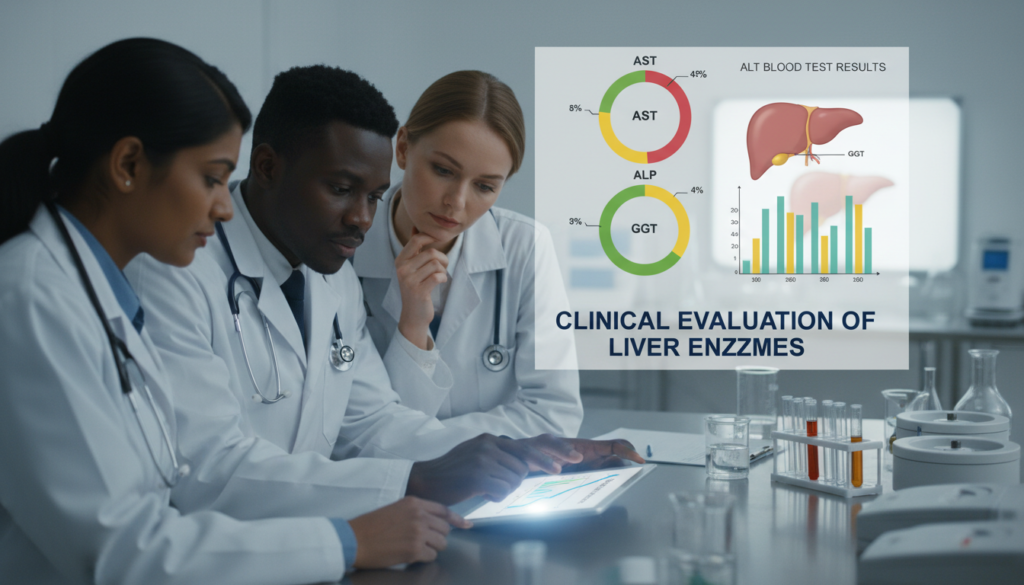 A clean and modern medical infographic depicting clinical evaluation of liver enzymes, specifically highlighting the ALT blood test. In the foreground, a diverse group of three healthcare professionals in professional business attire examines test results on a digital tablet, showcasing analytical expressions. In the middle ground, various liver enzyme results are illustrated with colorful graphs and charts, clearly labeled for clarity. The background features a softly lit, sterile medical environment, including an anatomy model of the liver and lab equipment, conveying a sense of professionalism. Soft, diffused lighting enhances the clinical atmosphere, while a shallow depth of field focuses on the foreground group, emphasizing their collaboration and analysis. The overall mood is one of diligence and care in understanding liver health.