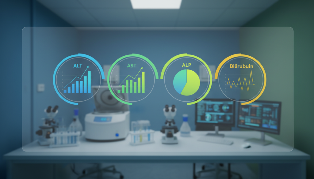 A clean and visually engaging medical infographic illustrating related biomarkers of a liver function panel, specifically highlighting ALT, AST, ALP, and bilirubin levels. In the foreground, include well-organized and labeled graphical elements such as colorful charts and diagrams representing these biomarkers in a clinical setting. The middle ground should feature a lightly blurred view of a modern laboratory with scientific equipment, emphasizing a professional environment. The background could have soft lighting to create an informative and serene atmosphere. Incorporate a subtle gradient to enhance visual appeal, using a palette of blues and greens, and ensure the composition is balanced, focusing on clarity and accessibility of information without any text or overlays.