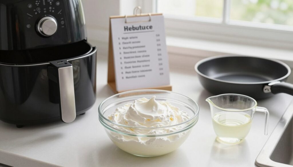 A clean and well-lit kitchen countertop setting that showcases various cooking methods for egg whites. In the foreground, an elegant glass bowl filled with fluffy whipped egg whites sits next to a measuring cup filled with liquid egg white. To the left, an air fryer and frying pan illustrate different cooking techniques. In the middle, a recipe card with bullet points highlights nutrition facts, such as high protein content and low calories. The background features a window allowing soft, natural light to illuminate the scene, enhancing the freshness of the ingredients. The atmosphere is inviting and educational, aimed at encouraging healthy cooking practices. The perspective is slightly above eye level, capturing the arrangement in a balanced and aesthetically pleasing manner. A clean and well-lit kitchen countertop setting that showcases various cooking methods for egg whites. In the foreground, an elegant glass bowl filled with fluffy whipped egg whites sits next to a measuring cup filled with liquid egg white. To the left, an air fryer and frying pan illustrate different cooking techniques. In the middle, a recipe card with bullet points highlights nutrition facts, such as high protein content and low calories. The background features a window allowing soft, natural light to illuminate the scene, enhancing the freshness of the ingredients. The atmosphere is inviting and educational, aimed at encouraging healthy cooking practices. The perspective is slightly above eye level, capturing the arrangement in a balanced and aesthetically pleasing manner.