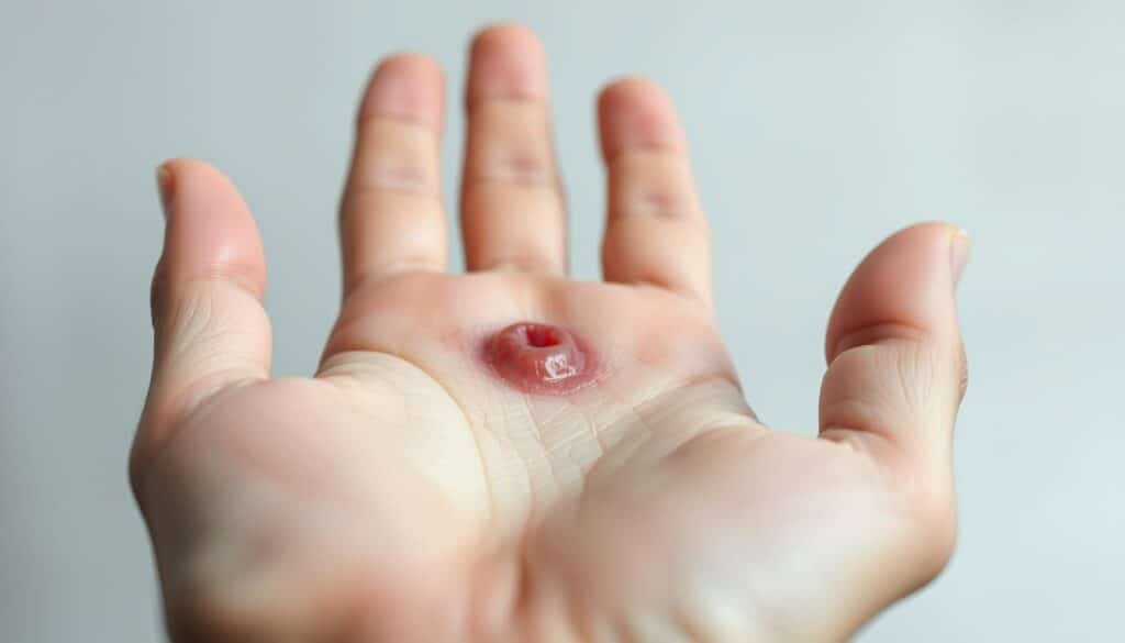 A clean, clinical close-up shot of an open palm with a detailed cold sore visible on the lower lip. The skin around the sore appears slightly inflamed and irritated. The lighting is soft, diffused, and highlights the various textures and colors of the affected area. The background is a neutral, out-of-focus surface, allowing the cold sore to be the focal point. The angle is slightly tilted upwards, creating a sense of vulnerability and the need for medical attention. The overall mood is one of concern and the desire to find an effective treatment option.
