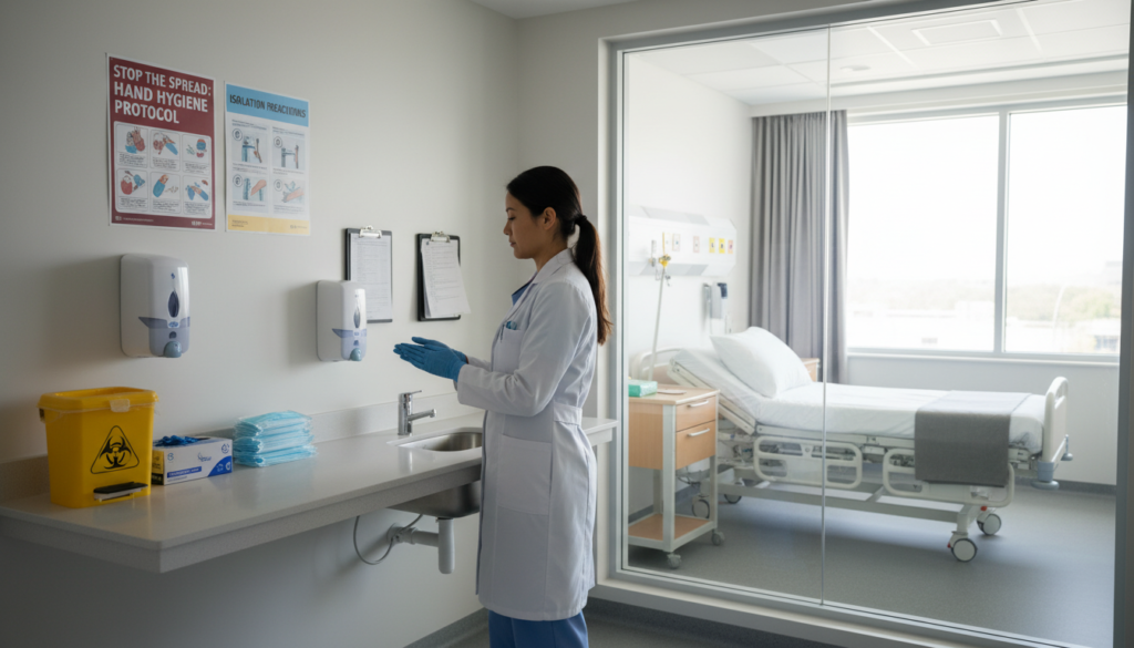 A clean, clinical environment showcasing infection prevention control measures against a backdrop of a hospital ward. In the foreground, a healthcare professional in a lab coat and gloves demonstrates thorough hand hygiene, using hand sanitizer while standing next to a sink. In the middle, there are prominently displayed infection control tools, such as disposable gloves, masks, and a biohazard waste bin, meticulously organized. The background features a sanitized patient room with clear signage and charts visible on the wall explaining protocols for preventing the spread of infections. Bright, natural lighting filters through the window, creating an atmosphere of safety and vigilance. The angle emphasizes the clean lines of the workspace and the professionalism of the healthcare setting, underscoring the importance of control measures in public health.
