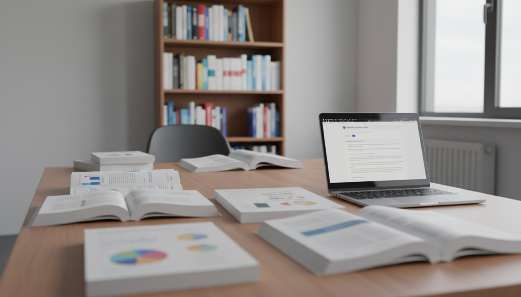 A clean, organized workspace in a modern medical research office. In the foreground, a large wooden desk cluttered with various academic journals, some open, displaying graphs and charts related to Type 2 diabetes biomarkers. A sleek laptop is open with a medical citation style guide visible on the screen. In the middle ground, a bookshelf neatly filled with scientific books and reference materials, emphasizing the importance of academic research. The background features a large window with soft, natural lighting flooding the room, casting gentle shadows and creating a calm, professional atmosphere. Use a subtle depth of field to focus on the desk and books while softly blurring the background to enhance the clarity of the citation sources without any text or watermarks.