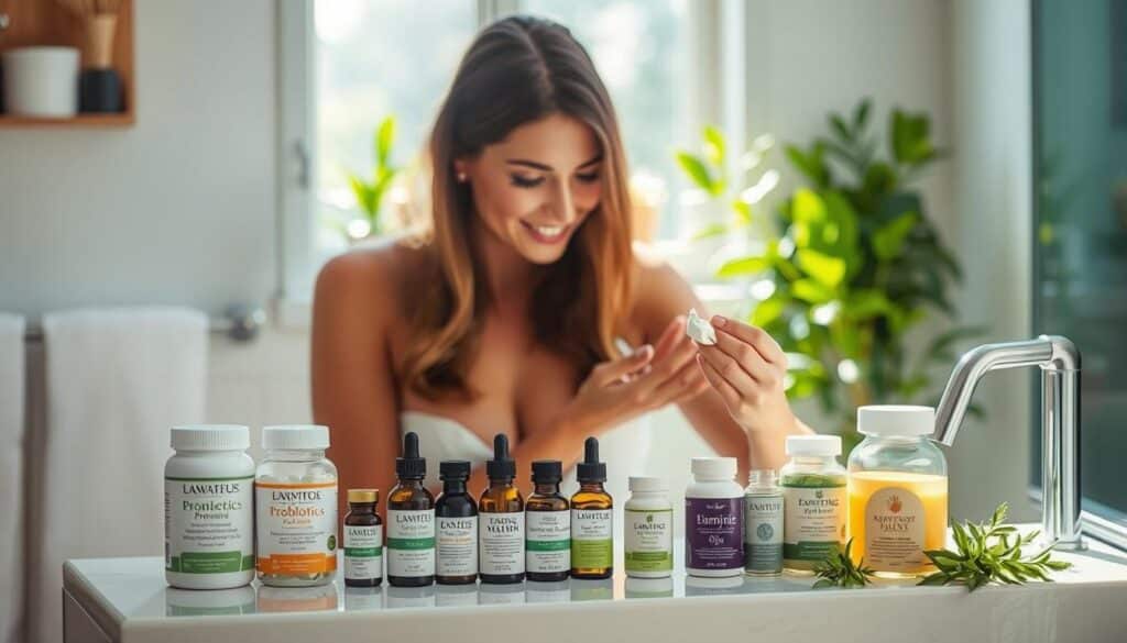 A clean, well-lit bathroom interior with bright, natural lighting streaming through a window. In the foreground, a woman gently applies a soothing, fragrant cream to her intimate area, her expression calm and focused. On the vanity, an array of plant-based products - probiotics, essential oils, and herbal supplements - symbolize a holistic approach to yeast infection prevention. The background showcases fresh greenery, suggesting a connection to nature and a healthy, balanced lifestyle. The overall atmosphere conveys a sense of tranquility, self-care, and empowerment in managing one's intimate health. A clean, well-lit bathroom interior with bright, natural lighting streaming through a window. In the foreground, a woman gently applies a soothing, fragrant cream to her intimate area, her expression calm and focused. On the vanity, an array of plant-based products - probiotics, essential oils, and herbal supplements - symbolize a holistic approach to yeast infection prevention. The background showcases fresh greenery, suggesting a connection to nature and a healthy, balanced lifestyle. The overall atmosphere conveys a sense of tranquility, self-care, and empowerment in managing one's intimate health.