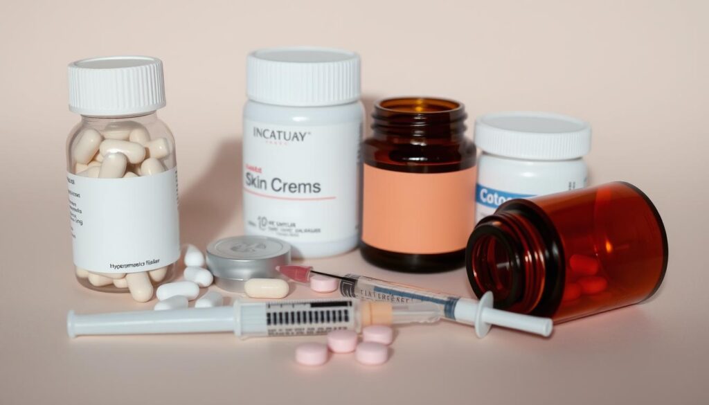 A clean, well-lit close-up photograph of various common hyperpigmentation triggers, including a bottle of pills, a jar of skin creams, a syringe, and a tablet of birth control pills, all arranged on a neutral-colored background. The lighting is soft and diffused, casting gentle shadows and highlighting the textures and colors of the objects. The composition is balanced and draws the viewer's eye to the center of the frame, where the most prominent trigger items are displayed. The overall tone is informative and clinical, conveying the medical nature of the subject matter.