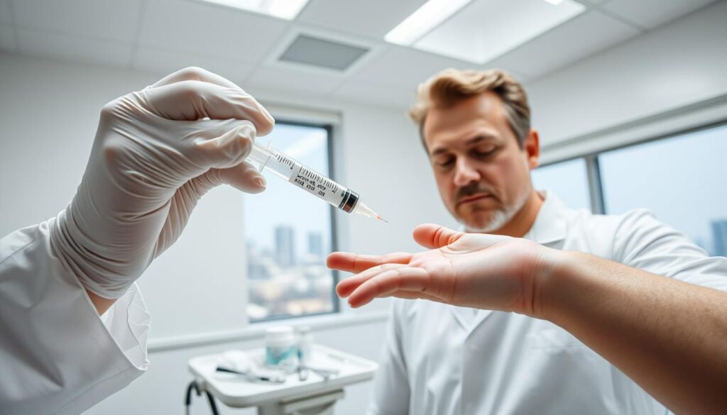 A clean, well-lit medical procedure room with bright overhead lighting and sterile white walls. In the foreground, a doctor's gloved hand carefully guides a syringe filled with Xiaflex solution towards a patient's palm. The patient's hand is resting on a sterile drape, fingers slightly splayed. The doctor's face is focused, brow furrowed in concentration. In the middle ground, various medical instruments and supplies are neatly arranged on a tray. The background features a window overlooking a cityscape, providing a sense of calm and professionalism. The overall mood is one of precision, care, and the expertise required to perform this specialized injection procedure.