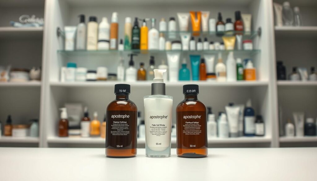 A clean, well-lit studio scene showcasing an array of skin care products labeled with price tags. In the foreground, two similar products from Apostrophe are displayed side-by-side, highlighting their cost difference. The background features a neatly organized shelf of various other skin care items, creating a sense of comparison and choice. The lighting is soft and diffused, accentuating the product details and textures. The overall composition conveys a sense of thoughtful comparison, allowing the viewer to assess the relative value of the Apostrophe offerings.