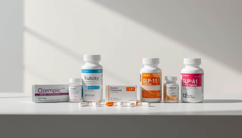 A clean, well-lit studio scene showcasing various GLP-1 medications. In the foreground, a table displays the different drugs, including Ozempic, Trulicity, and Victoza, arranged in a visually appealing manner. The medications are set against a soft, neutral background, allowing the products to be the central focus. Gentle, natural lighting illuminates the scene, creating a sense of clarity and professionalism. The composition is balanced, with the medications positioned to allow for easy comparison of their shapes, sizes, and packaging. The overall mood is one of informative, medical-grade presentation, suitable for an article on GLP-1 medication options.