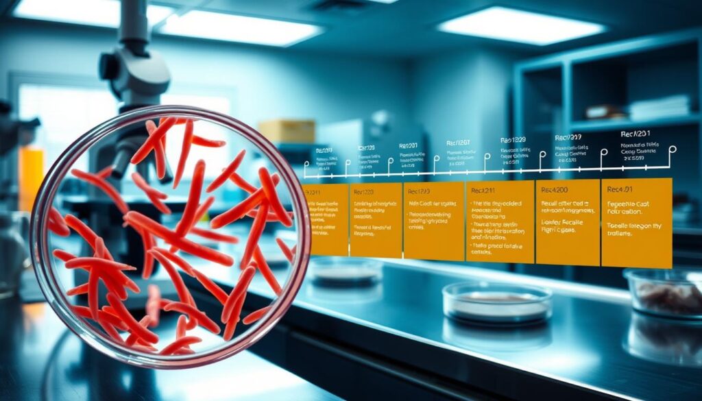 A clinical and sterile laboratory setting with a microscope, Petri dishes, and scientific instruments on a stainless steel counter. The room is bathed in a cool, clinical lighting, creating a sense of urgency and seriousness. In the foreground, a close-up of a sample under the microscope, revealing the distinctive rod-shaped Salmonella bacteria. In the background, a timeline infographic tracking the progression of the outbreak, with dates, locations, and recall actions highlighted. The overall atmosphere conveys the gravity and importance of addressing this public health crisis. A clinical and sterile laboratory setting with a microscope, Petri dishes, and scientific instruments on a stainless steel counter. The room is bathed in a cool, clinical lighting, creating a sense of urgency and seriousness. In the foreground, a close-up of a sample under the microscope, revealing the distinctive rod-shaped Salmonella bacteria. In the background, a timeline infographic tracking the progression of the outbreak, with dates, locations, and recall actions highlighted. The overall atmosphere conveys the gravity and importance of addressing this public health crisis.