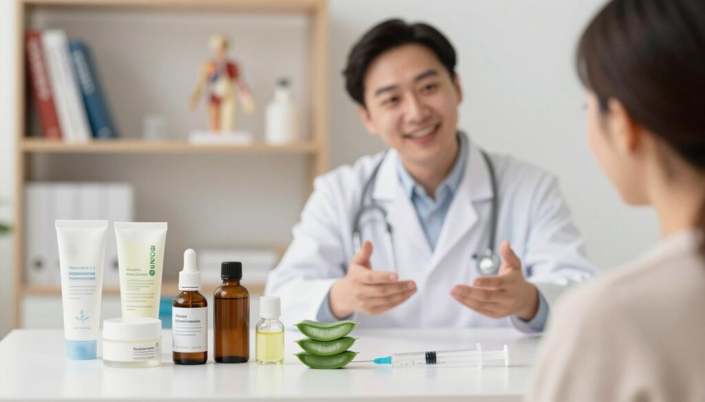 A clinical depiction of treatment options for persistent white lip lesions. In the foreground, showcase a well-organized tabletop with a variety of medical treatment options: soothing topical ointments in elegant containers, natural remedies like aloe vera and coconut oil, and a professional-looking syringe symbolizing potential injections. In the middle ground, include a soft-focus image of a health professional, wearing a white lab coat, who is thoughtfully explaining treatment to a patient. In the background, softly lit shelves display medical textbooks and anatomical models, emphasizing a clinical yet welcoming environment. The lighting is bright but warm, conveying a sense of comfort and professionalism. The overall mood is informative and reassuring, suitable for discussing skincare solutions.