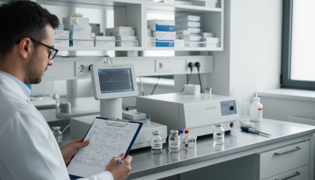 A clinical laboratory scene illustrating the interpretation of thrombin time results. In the foreground, a focused healthcare professional in a white lab coat, with glasses, analyzes test results on a clipboard. In the middle, a polished lab bench displays laboratory equipment: a coagulation analyzer and vials labeled in a clear, professional manner. The background features an organized lab with shelves of medical supplies, subtle lighting illuminating the area to create a calm and professional atmosphere. A large window reveals a soft, natural light filtering through, enhancing the clinical environment. The image conveys an air of precision and expertise, suitable for a medical article addressing thrombin time results interpretation. A clinical laboratory scene illustrating the interpretation of thrombin time results. In the foreground, a focused healthcare professional in a white lab coat, with glasses, analyzes test results on a clipboard. In the middle, a polished lab bench displays laboratory equipment: a coagulation analyzer and vials labeled in a clear, professional manner. The background features an organized lab with shelves of medical supplies, subtle lighting illuminating the area to create a calm and professional atmosphere. A large window reveals a soft, natural light filtering through, enhancing the clinical environment. The image conveys an air of precision and expertise, suitable for a medical article addressing thrombin time results interpretation.