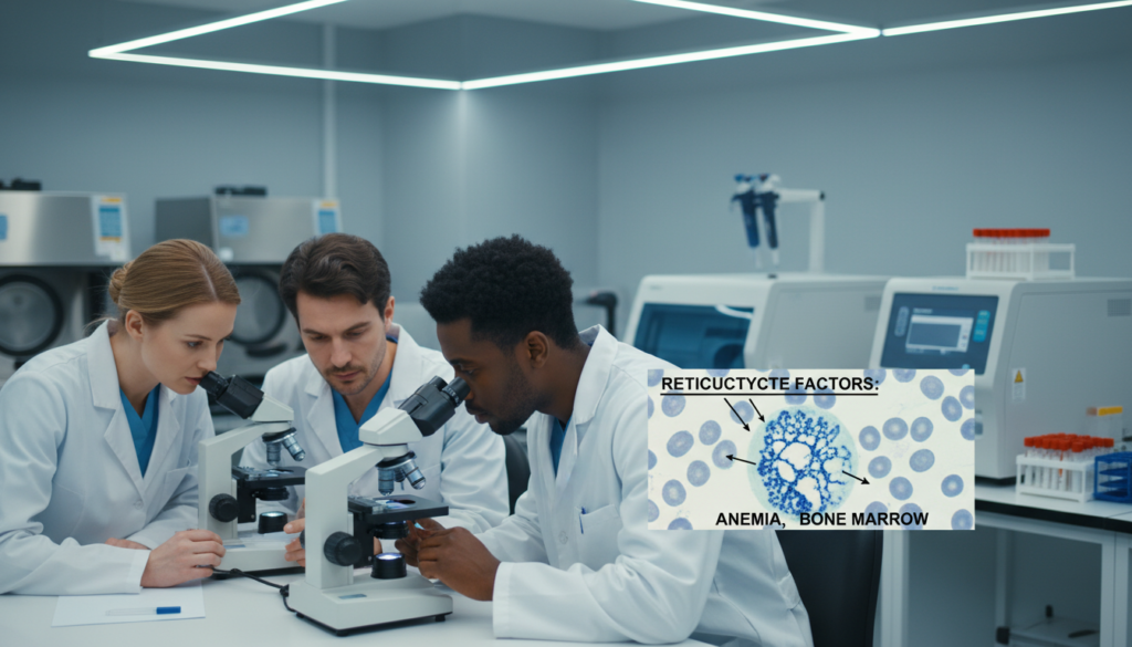 A clinical laboratory setting focusing on the factors affecting reticulocyte count in hematology. In the foreground, a diverse group of healthcare professionals in professional attire, including a Caucasian woman and an African American man, examining blood samples under a microscope. In the middle ground, a detailed close-up of a blood smear on a glass slide, showcasing reticulocytes with a vibrant staining technique that highlights their unique morphology. The background features laboratory equipment such as centrifuges, pipettes, and hematology analyzers, softly illuminated by bright LED lights, creating a sterile and focused atmosphere. The overall mood is professional and educational, emphasizing the importance of understanding reticulocyte count in assessing red blood cell production.