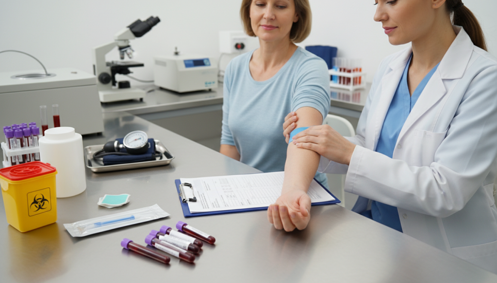 A clinical laboratory setting illustrating the preparation for a hematocrit test. In the foreground, a neatly arranged table with essential blood test supplies including a sterile needle, blood collection tubes, and alcohol wipes. To the side, a healthcare professional in professional attire, carefully placing a tourniquet on a patient’s arm, showcasing a calm and focused demeanor. In the middle ground, a medical chart with lab results and a sphygmomanometer, emphasizing a professional atmosphere. The background depicts a well-lit laboratory with equipment like centrifuges and microscopes, adding context. Soft, diffused lighting highlights the sterile environment and conveys a sense of reliability and precision in the hematology process. The overall mood is serious yet reassuring, emphasizing preparation and professionalism.