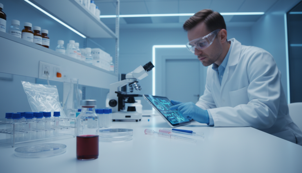 A clinical laboratory setting showcasing a blood culture process guiding antibiotic therapy. In the foreground, a clear glass vial filled with a crimson liquid representing blood culture sits on a sterile countertop, surrounded by sterile equipment including pipettes and petri dishes. The middle ground features a medical professional in a white lab coat, examining data on a digital tablet, wearing safety goggles and gloves, reflecting a serious focus on patient care. The background displays a high-tech lab environment with ambient blue lighting, shelves filled with medical supplies, and an illuminated microscope. The atmosphere is clinical and precise, emphasizing the importance of accurate diagnostics in treatment decisions. The scene captures the essence of modern medical practice, conveying diligence and hope for patient recovery. A clinical laboratory setting showcasing a blood culture process guiding antibiotic therapy. In the foreground, a clear glass vial filled with a crimson liquid representing blood culture sits on a sterile countertop, surrounded by sterile equipment including pipettes and petri dishes. The middle ground features a medical professional in a white lab coat, examining data on a digital tablet, wearing safety goggles and gloves, reflecting a serious focus on patient care. The background displays a high-tech lab environment with ambient blue lighting, shelves filled with medical supplies, and an illuminated microscope. The atmosphere is clinical and precise, emphasizing the importance of accurate diagnostics in treatment decisions. The scene captures the essence of modern medical practice, conveying diligence and hope for patient recovery.