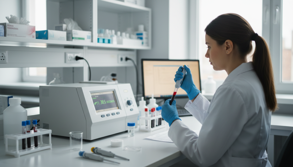 A clinical laboratory setting showcasing anticoagulation therapy monitoring with a focus on aPTT testing. In the foreground, a medical professional in a lab coat meticulously prepares a test tube filled with blood, utilizing pipettes and lab equipment. The middle ground features a well-organized workstation with analytical instruments, such as a coagulation analyzer displaying aPTT results. The background contains shelves filled with medical supplies and a window allowing soft, natural light to illuminate the room. The atmosphere is professional and focused, emphasizing precision and care in patient management. The scene is captured with a shallow depth of field, ensuring the subject is sharp while the background remains softly blurred. The lighting highlights the colors of the lab components while maintaining a bright, sterile environment. A clinical laboratory setting showcasing anticoagulation therapy monitoring with a focus on aPTT testing. In the foreground, a medical professional in a lab coat meticulously prepares a test tube filled with blood, utilizing pipettes and lab equipment. The middle ground features a well-organized workstation with analytical instruments, such as a coagulation analyzer displaying aPTT results. The background contains shelves filled with medical supplies and a window allowing soft, natural light to illuminate the room. The atmosphere is professional and focused, emphasizing precision and care in patient management. The scene is captured with a shallow depth of field, ensuring the subject is sharp while the background remains softly blurred. The lighting highlights the colors of the lab components while maintaining a bright, sterile environment.