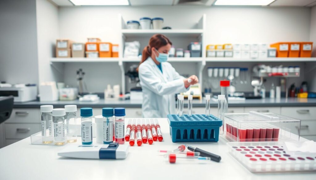 A clinical laboratory setting with a well-lit examination table in the foreground. On the table, various medical instruments and tools used for hormone testing, such as blood collection vials, pipettes, and reagent trays. In the middle ground, a healthcare professional in a white lab coat carefully drawing blood from a patient's arm. The background features shelves with labeled storage containers and scientific equipment, conveying a sense of professionalism and medical expertise. The lighting is bright and clean, with a slightly cool tone to create a clinical atmosphere. The overall scene exudes a sense of care, precision, and a focus on the diagnostic process. A clinical laboratory setting with a well-lit examination table in the foreground. On the table, various medical instruments and tools used for hormone testing, such as blood collection vials, pipettes, and reagent trays. In the middle ground, a healthcare professional in a white lab coat carefully drawing blood from a patient's arm. The background features shelves with labeled storage containers and scientific equipment, conveying a sense of professionalism and medical expertise. The lighting is bright and clean, with a slightly cool tone to create a clinical atmosphere. The overall scene exudes a sense of care, precision, and a focus on the diagnostic process.