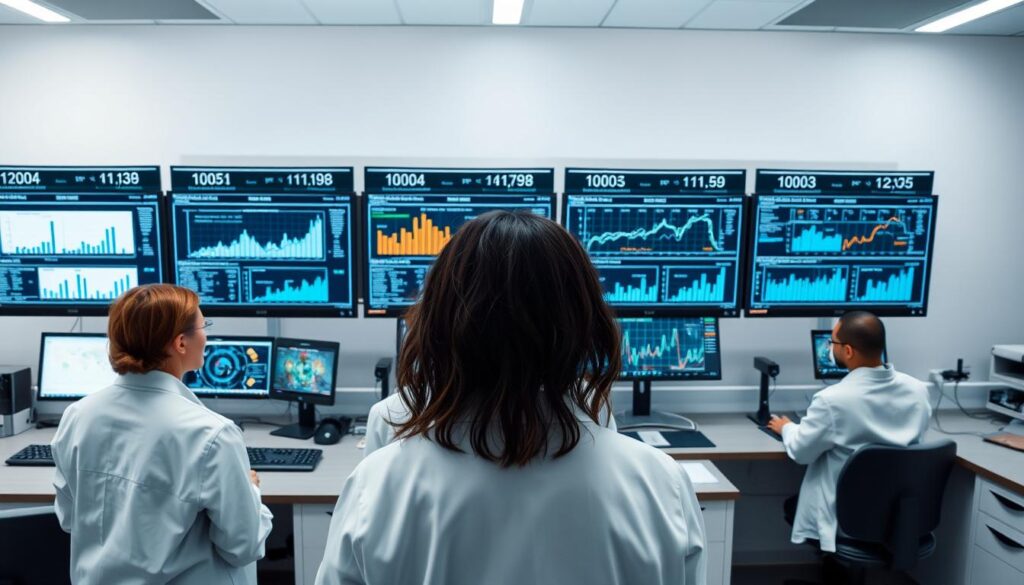 A clinical laboratory setting with clean, well-lit workspace. Rows of computer monitors displaying detailed charts, graphs and data visualizations comparing results from recent medical trials. A team of scientists in white lab coats standing before the displays, intently studying the comparative data. Soft, diffused lighting casts a professional, authoritative atmosphere. The scene conveys a sense of rigorous analysis, scientific inquiry and evidence-based decision making.