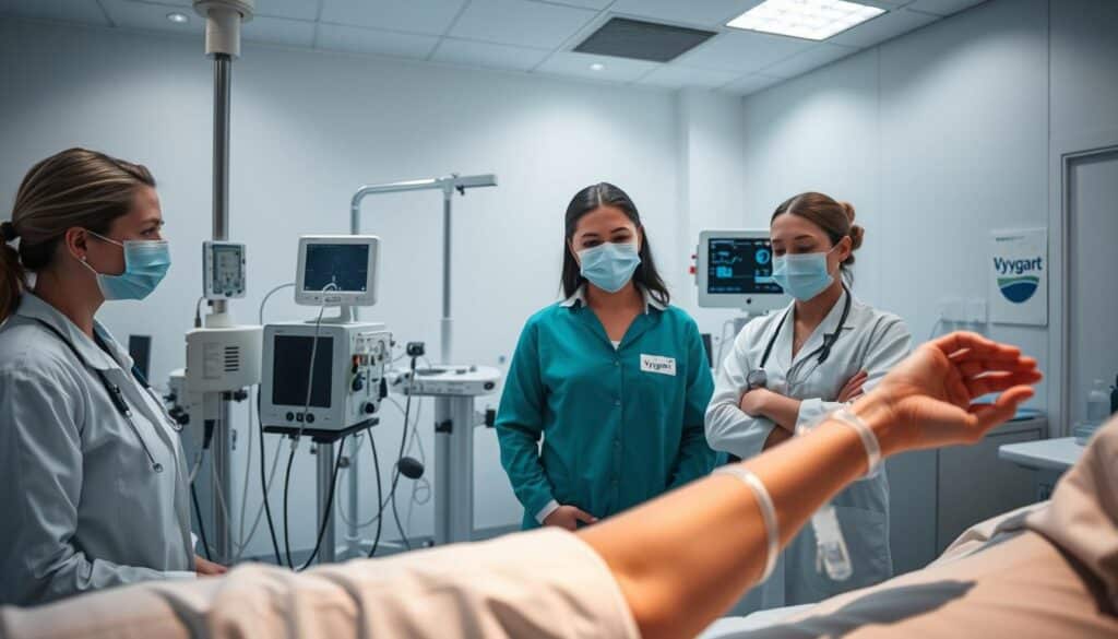 A clinical laboratory setting with medical professionals closely monitoring a patient's vital signs and administering a medication via intravenous infusion. The scene is bathed in soft, neutral lighting that emphasizes the serene, professional atmosphere. The foreground features a patient's arm connected to an IV line, with nurses and doctors observing the process intently, their faces conveying a sense of care and diligence. In the middle ground, various medical equipment and monitoring devices are neatly arranged, providing a technical, regulated context. The background depicts a minimalist, clean-lined interior with subtle hints of the Vyvgart branding, underscoring the importance of safety and precision in the administration of this medication. A clinical laboratory setting with medical professionals closely monitoring a patient's vital signs and administering a medication via intravenous infusion. The scene is bathed in soft, neutral lighting that emphasizes the serene, professional atmosphere. The foreground features a patient's arm connected to an IV line, with nurses and doctors observing the process intently, their faces conveying a sense of care and diligence. In the middle ground, various medical equipment and monitoring devices are neatly arranged, providing a technical, regulated context. The background depicts a minimalist, clean-lined interior with subtle hints of the Vyvgart branding, underscoring the importance of safety and precision in the administration of this medication.