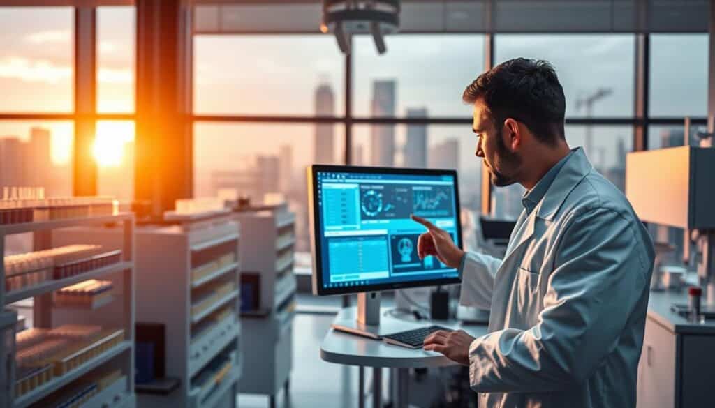 A clinical laboratory setting with sleek, modern medical equipment and diagnostic tools. In the foreground, a scientist in a pristine white lab coat carefully analyzes data on a high-resolution computer monitor, their face illuminated by the soft, warm lighting. In the middle ground, rows of shelves hold neatly organized medical samples and test tubes, while the background showcases a panoramic view of the city skyline through large, floor-to-ceiling windows, conveying a sense of technological advancement and progress. The atmosphere is one of focused, meticulous research and innovation, highlighting the crucial role of data analysis in the field of healthcare and wellness.