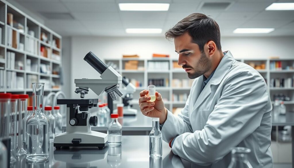 A clinical laboratory with modern scientific equipment, beakers, and test tubes arranged on sleek metal tables. The lighting is bright and even, casting a professional, research-oriented atmosphere. In the foreground, a researcher in a white lab coat examines a sample under a high-powered microscope, expression focused and intent. The background features shelves of reference books and scientific journals, hinting at the depth of knowledge and study involved. An air of discovery and intellectual rigor pervades the scene, capturing the essence of research and studies on the topic of lithium orotate.