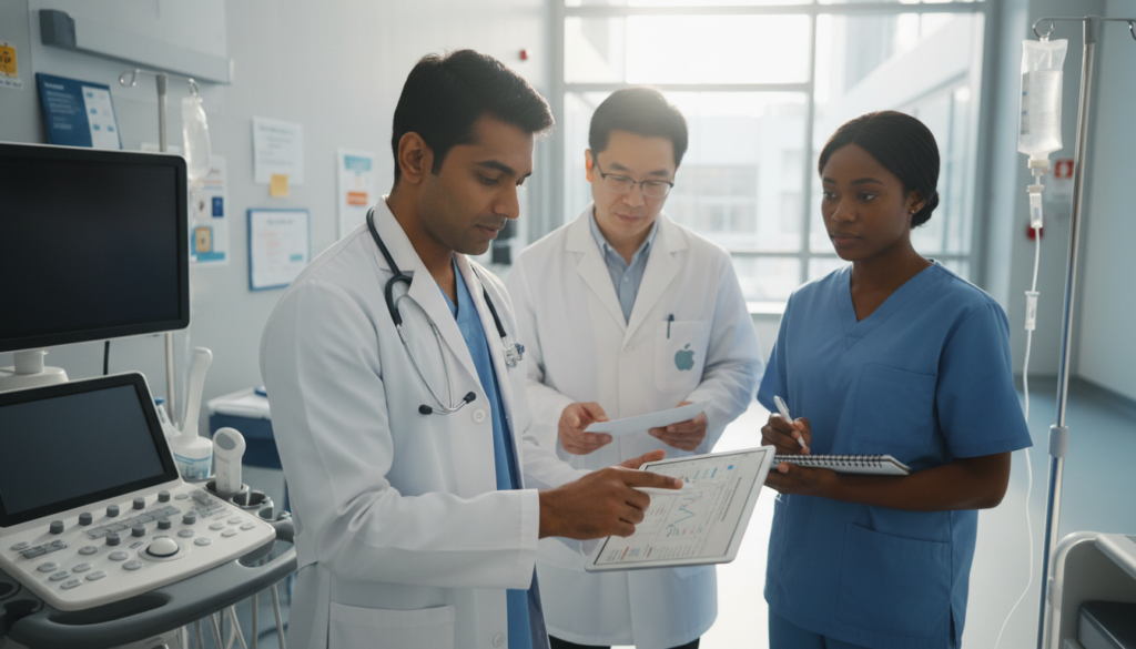 A clinical setting featuring a diverse group of medical professionals engaged in a collaborative discussion about neutrophilia management. In the foreground, a physician in a lab coat points to a digital tablet displaying graphs and data related to Absolute Neutrophil Count (ANC) on a close-up screen. In the middle, a nurse takes notes while a dietitian reviews a chart on dietary strategies for inflammation reduction, surrounded by medical equipment and charts on the walls. The background shows a well-lit hospital or clinic environment, with large windows bringing in natural light for a bright and airy atmosphere. Soft, focused lighting enhances the professionalism of the scene, captured from a slightly elevated angle to convey teamwork and the urgency of treatment options. Overall, the image should evoke a sense of proactive healthcare and expert collaboration. A clinical setting featuring a diverse group of medical professionals engaged in a collaborative discussion about neutrophilia management. In the foreground, a physician in a lab coat points to a digital tablet displaying graphs and data related to Absolute Neutrophil Count (ANC) on a close-up screen. In the middle, a nurse takes notes while a dietitian reviews a chart on dietary strategies for inflammation reduction, surrounded by medical equipment and charts on the walls. The background shows a well-lit hospital or clinic environment, with large windows bringing in natural light for a bright and airy atmosphere. Soft, focused lighting enhances the professionalism of the scene, captured from a slightly elevated angle to convey teamwork and the urgency of treatment options. Overall, the image should evoke a sense of proactive healthcare and expert collaboration.