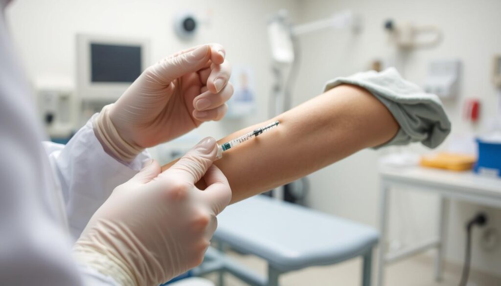 A clinical setting with a healthcare professional administering an intramuscular injection. The scene is well-lit, with a focused, technical atmosphere. The healthcare worker's hands are in the foreground, meticulously preparing the injection site and delivering the vaccine with precision. In the middle ground, a patient's arm is exposed, with the injection site clearly visible. The background features medical equipment and supplies, conveying a sense of a professional healthcare environment. The mood is one of care, safety, and attention to detail, suitable for illustrating the administration process and injection guidelines.