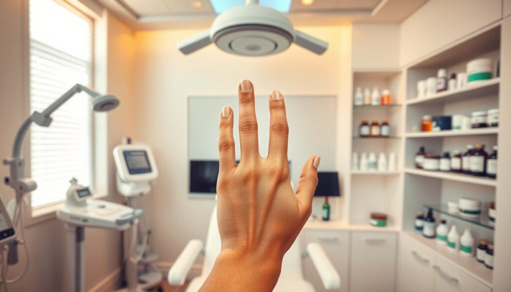 A clinical, well-lit medical examination room with modern equipment and shelves displaying various dermatological treatments. In the center, a close-up of a model's hand showcasing different topical creams, serums, and oral supplements for addressing hyperpigmentation. The lighting is warm and diffused, creating a professional, informative atmosphere. The background features clean, minimalist design elements that convey a sense of medical expertise and effective solutions. The composition emphasizes the diverse range of treatment options available for managing skin pigmentation issues. A clinical, well-lit medical examination room with modern equipment and shelves displaying various dermatological treatments. In the center, a close-up of a model's hand showcasing different topical creams, serums, and oral supplements for addressing hyperpigmentation. The lighting is warm and diffused, creating a professional, informative atmosphere. The background features clean, minimalist design elements that convey a sense of medical expertise and effective solutions. The composition emphasizes the diverse range of treatment options available for managing skin pigmentation issues.