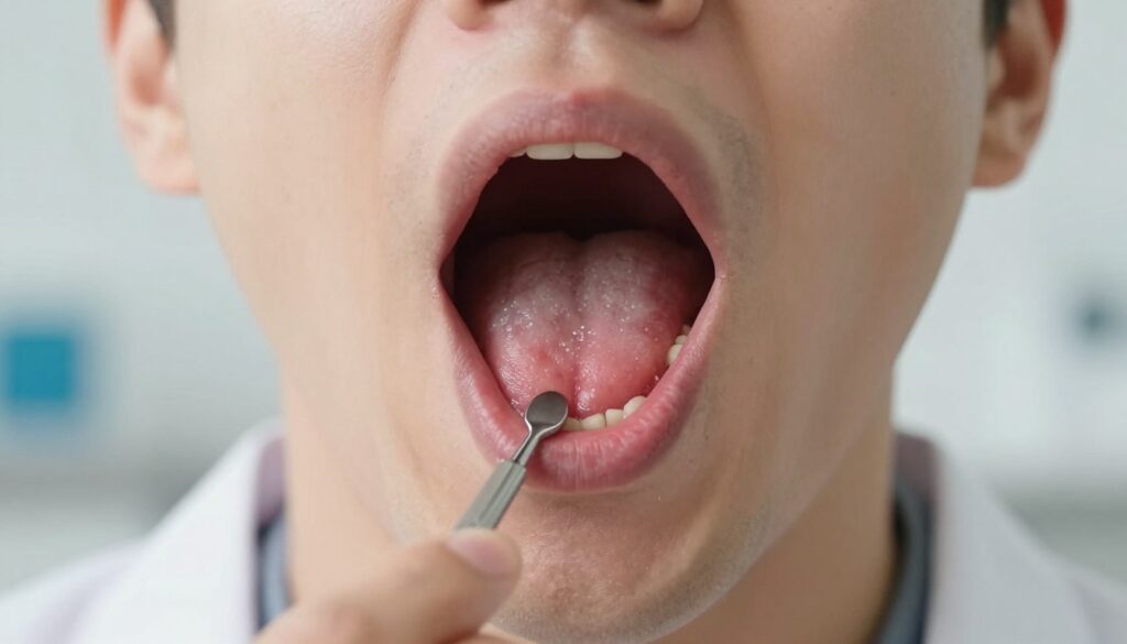 A close-up examination of a human throat, specifically displaying noticeable white spots on the tonsils and the back of the throat. The scene is brightly lit to highlight the details of the examination, with soft, diffused lighting to eliminate harsh shadows. The foreground features a small medical instrument, such as a tongue depressor, held by a well-groomed healthcare professional wearing a white lab coat. In the background, a faint outline of a doctor's office is visible, emphasizing a clinical setting. The overall mood is serious and informative, aiming to convey the importance of medical attention. The focus is solely on the throat details without any distractions or additional elements.