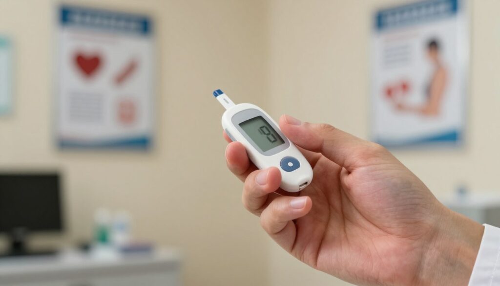 A close-up image of a professional-looking hand with fingertips appearing slightly numb, showcasing a subtle change in skin color for emphasis. The hand is positioned in the foreground, holding a small medical device (like a glucose meter) that symbolizes diabetes management. In the middle, a blurred background depicts a softly lit doctor's office with health-related posters about diabetes on the walls, creating a clinical atmosphere. The lighting is warm, creating an inviting yet serious mood. The image focuses on the hand's intricate details and shows signs of mild discomfort, reflecting the theme of diabetic neuropathy. The camera angle should be slightly above the hand, capturing both the hand and the medical device in sharp focus.
