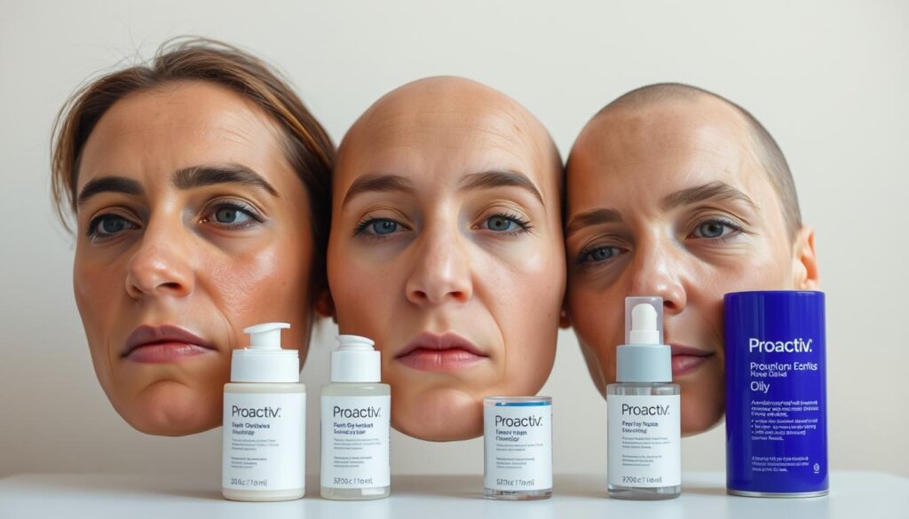 A close-up image of three different skin types - oily, dry, and combination - arranged side by side, each with a distinct Proactiv product placed in front of it. The oily skin has a shiny, blemished appearance, the dry skin is flaky and dull, and the combination skin shows a mix of both issues. The lighting is soft and natural, focusing the viewer's attention on the textural differences of the skin and the Proactiv products. The background is a neutral, minimalist setting, allowing the main elements to stand out clearly. The overall tone conveys a sense of informative comparison, highlighting Proactiv's tailored effectiveness for various skin types and acne severities.