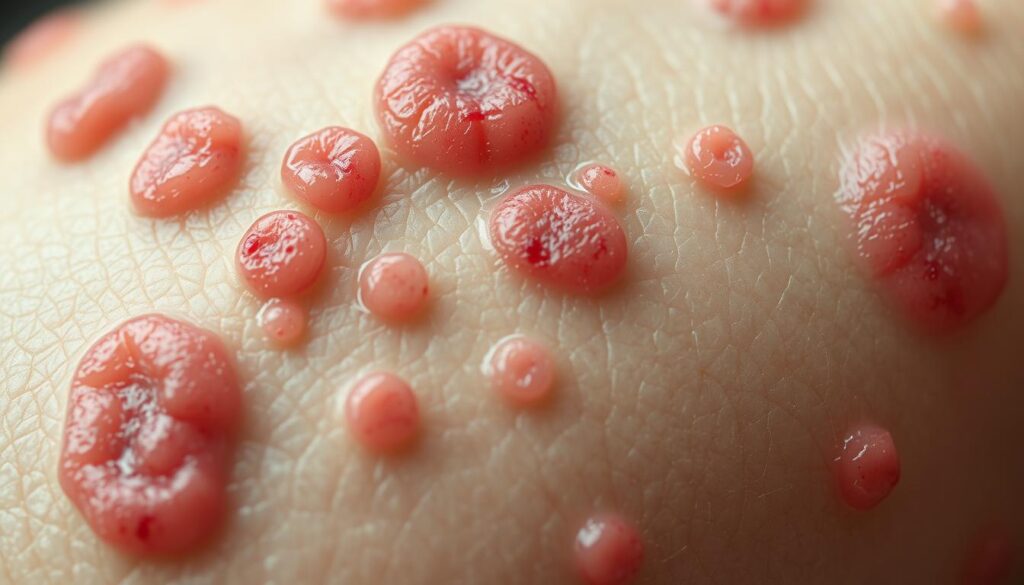 A close-up macro view of the skin with raised, reddish welts and hives of various sizes and shapes, with a slightly swollen, itchy appearance. The skin texture is slightly rough and uneven, with a subtle glow from soft, diffused lighting to highlight the textural details. The focus is sharp on the hives, with a gentle blur in the background, conveying a sense of clinical examination. The overall mood is one of clinical observation, with a neutral, informative tone suitable for a medical illustration. A close-up macro view of the skin with raised, reddish welts and hives of various sizes and shapes, with a slightly swollen, itchy appearance. The skin texture is slightly rough and uneven, with a subtle glow from soft, diffused lighting to highlight the textural details. The focus is sharp on the hives, with a gentle blur in the background, conveying a sense of clinical examination. The overall mood is one of clinical observation, with a neutral, informative tone suitable for a medical illustration.