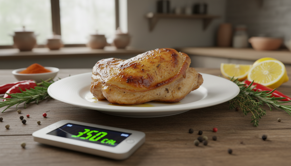 A close-up of a beautifully plated boneless chicken thigh, displaying its juicy texture and golden-brown sear, set against a rustic wooden table. In the foreground, a small digital scale with a clear display showing the calorie count. In the middle, there are various fresh ingredients like herbs, spices, and lemon wedges arranged artistically, hinting at different cooking methods that influence caloric content. The background softly blurs out to reveal a cozy kitchen setting with warm lighting, creating an inviting atmosphere. Capture the scene from a slightly elevated angle, aiming to highlight the chicken and the scale while maintaining a harmonious balance in composition. The overall mood is informative yet appealing, perfect for a culinary exploration of caloric values. A close-up of a beautifully plated boneless chicken thigh, displaying its juicy texture and golden-brown sear, set against a rustic wooden table. In the foreground, a small digital scale with a clear display showing the calorie count. In the middle, there are various fresh ingredients like herbs, spices, and lemon wedges arranged artistically, hinting at different cooking methods that influence caloric content. The background softly blurs out to reveal a cozy kitchen setting with warm lighting, creating an inviting atmosphere. Capture the scene from a slightly elevated angle, aiming to highlight the chicken and the scale while maintaining a harmonious balance in composition. The overall mood is informative yet appealing, perfect for a culinary exploration of caloric values.