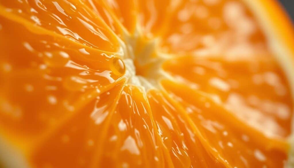 A close-up of a fresh, vibrant orange slice against a soft, out-of-focus background. Warm, natural lighting illuminates the segments, highlighting the glistening juice and the intricate web of pulp and membranes. The image conveys the juicy, nutrient-rich essence of vitamin C, symbolizing its vital role in wound healing and immune function. The depth of field creates a sense of depth and focus, drawing the viewer's attention to the central element. The overall mood is one of vitality, health, and the restorative power of nature's bounty.